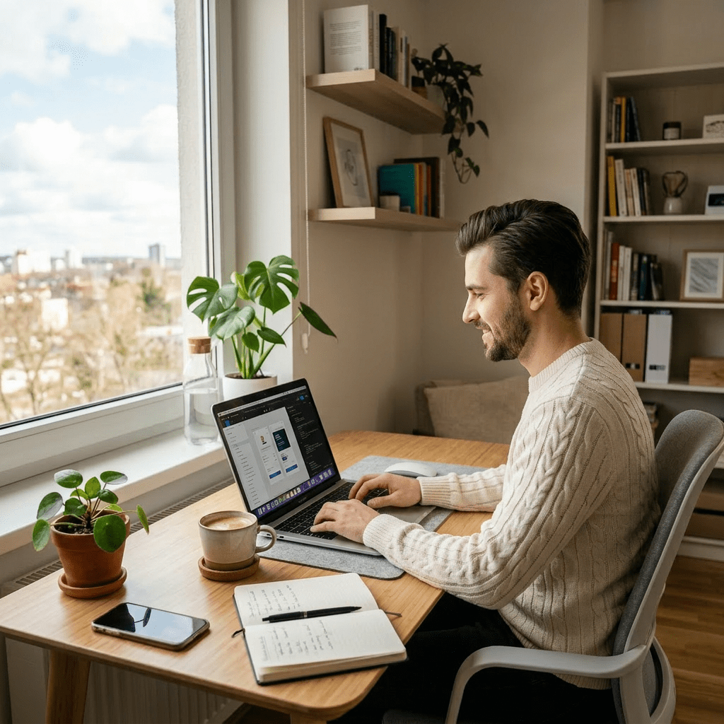 Woman typing on laptop at home office desk with plants and coffee