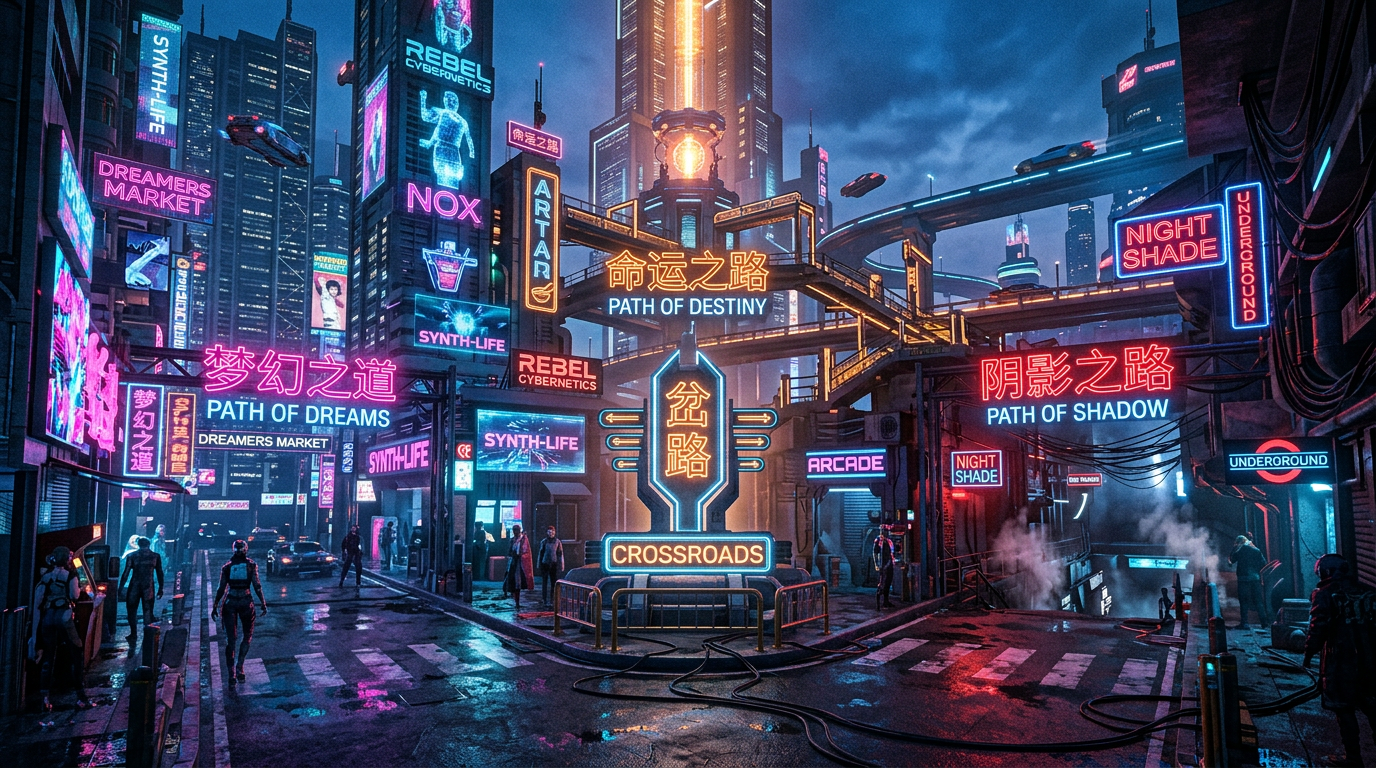 Cyberpunk city intersection with neon signs reading Path of Dreams, Path of Destiny, and Path of Shadow