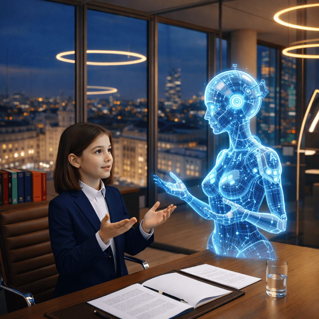 Businesswoman engaging with a glowing AI hologram figure in an office with city lights outside